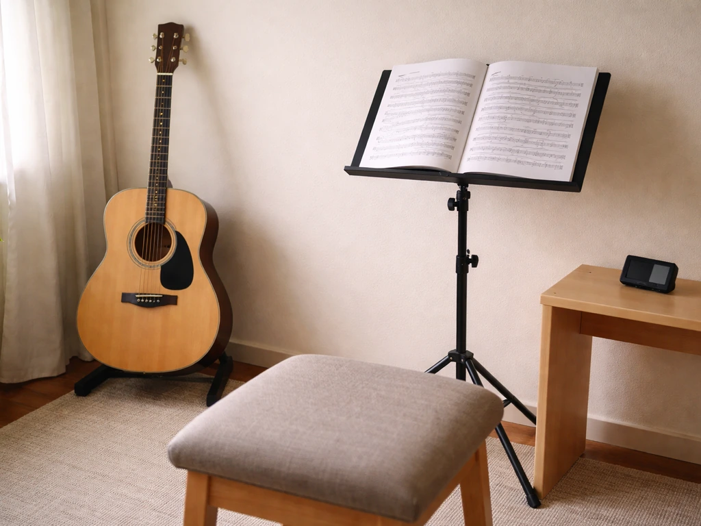 Coin de pratique à la maison avec guitare sur support, chaise, partition ouverte et accordeur discret.