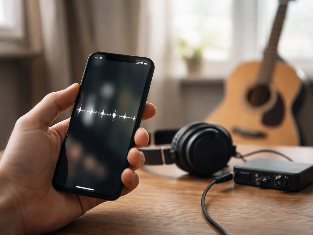 Vue du smartphone enregistrant une reprise à côté d’une guitare, avec casque pour le retour immédiat.