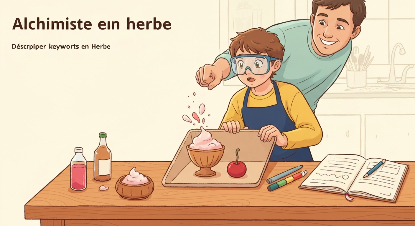 Illustration d'un enfant en tablier et lunettes de protection réalisant une expérience de cuisine scientifique, regard émerveillé devant un volcan au bicarbonate.