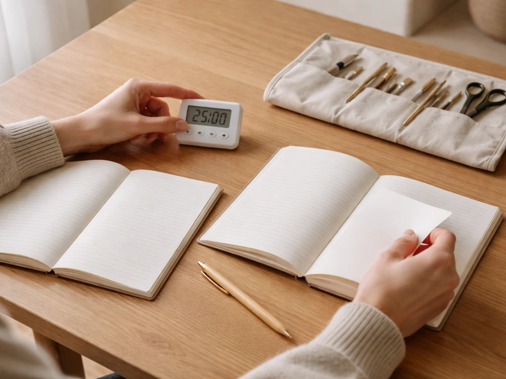 Mains organisant un minuteur, carnet et agenda sur une table pour une routine de 15 à 20 minutes.