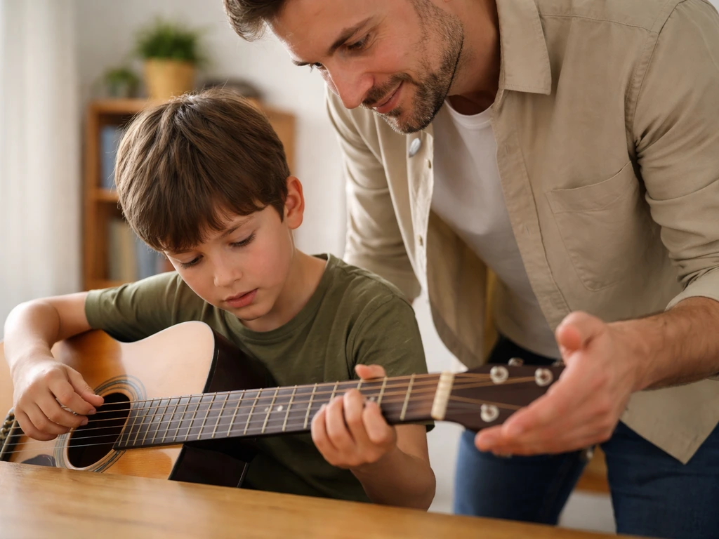 Un mentor encourage un enfant débutant sur une guitare, dans une pièce lumineuse et calme.