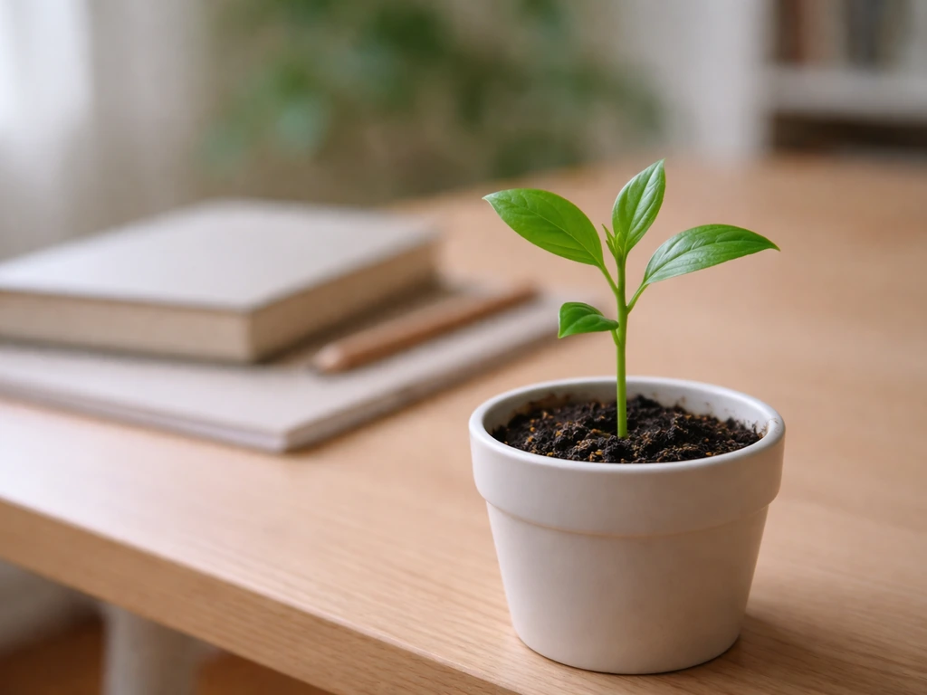 Jeune pousse verte dans un pot sur un bureau en bois, arrière-plan d’étude flou, lumière naturelle