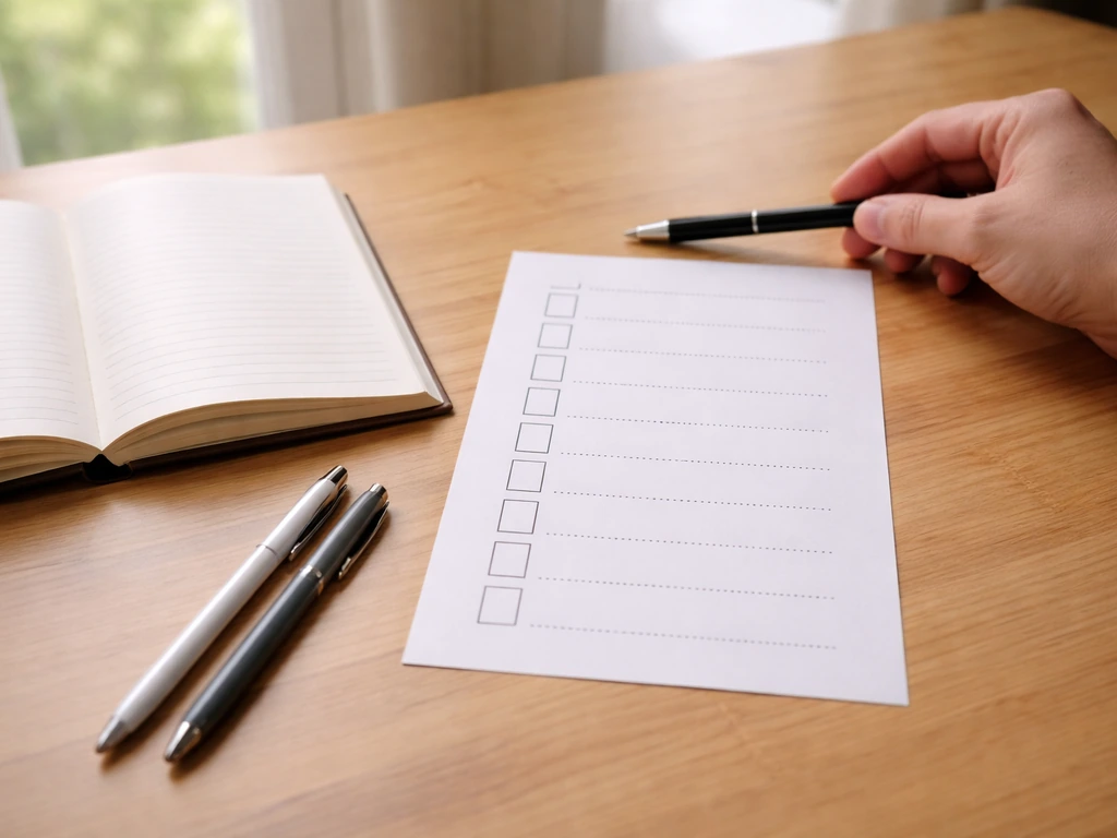 Table en bois avec une checklist vierge pour 7 jours, stylos et carnet ouvert, prêt à être rempli.