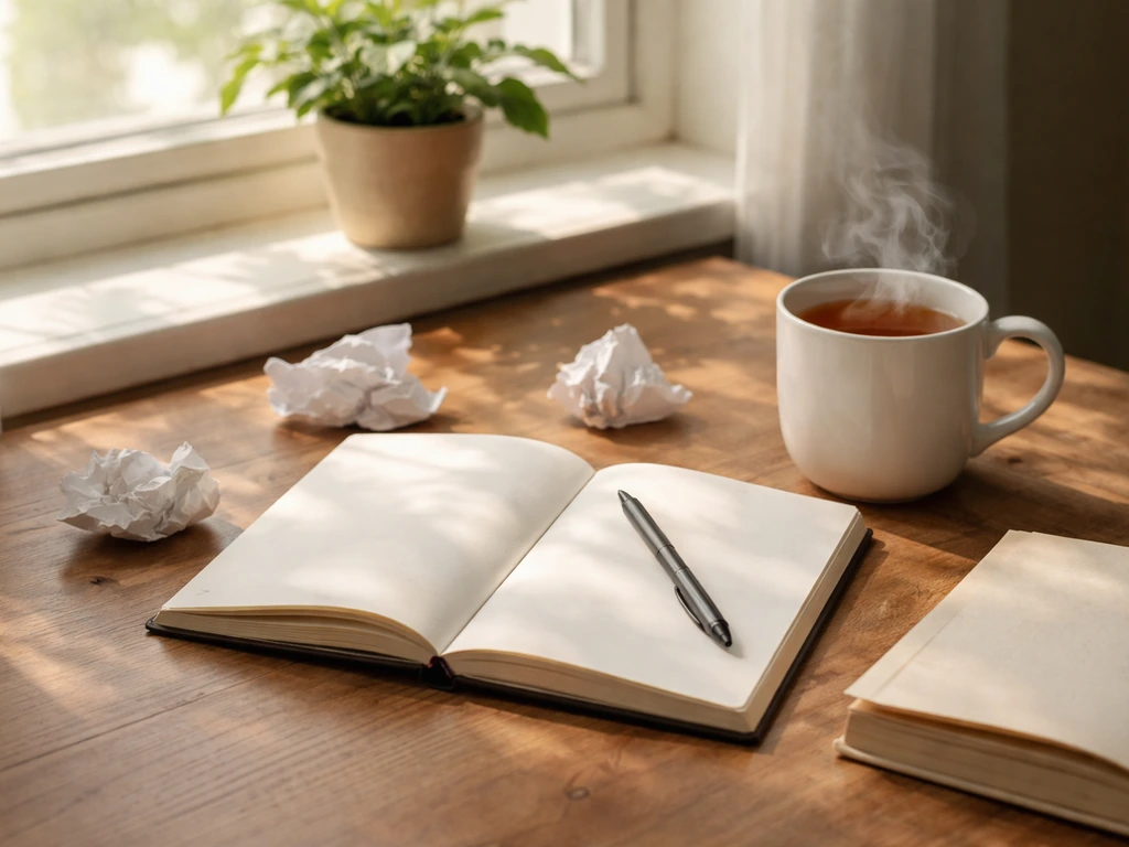 Table de cuisine avec carnet vierge, stylo et thé près d’une fenêtre, ambiance créative et minimaliste.