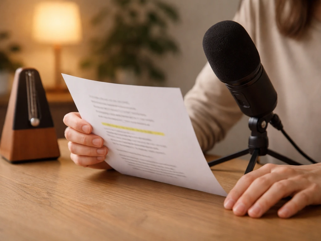 Mains lisant un poème, micro et métronome discrets, ligne surlignée, ambiance calme et rythmée