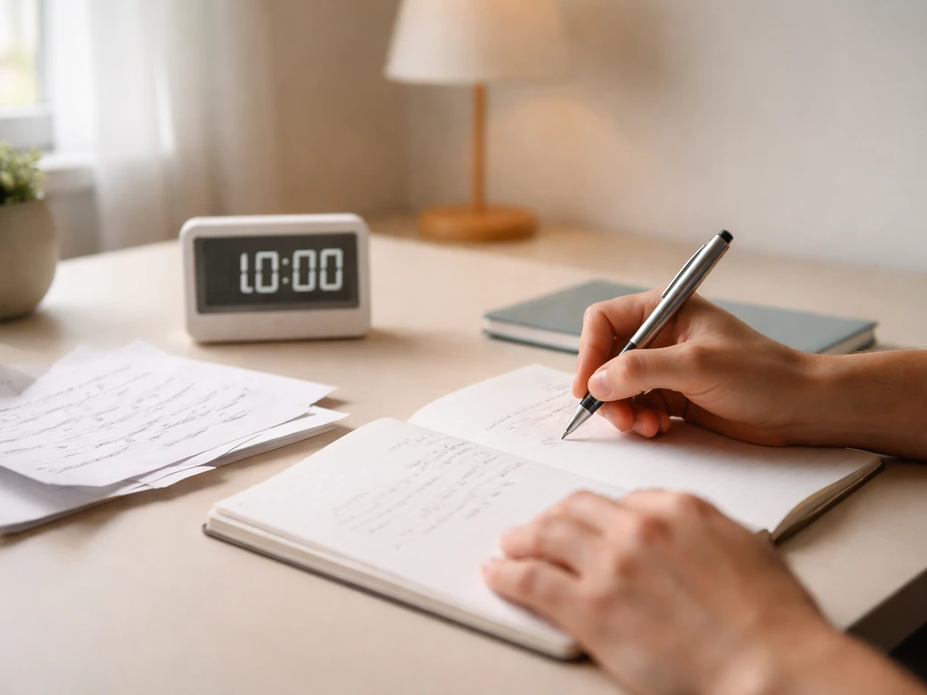 Bureau minimal avec un minuteur réglé à 10 minutes et un carnet ouvert pour l’écriture automatique.