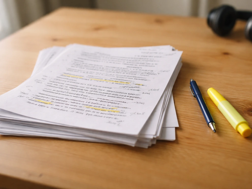 Feuillets de texte avec ratures, ajouts en marge et surlignage, stylos sur une table en bois.