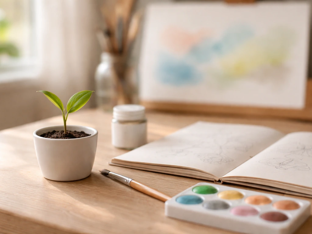 Coin de travail créatif : jeune pousse verte dans un pot, carnet de croquis et première mise en couleurs.