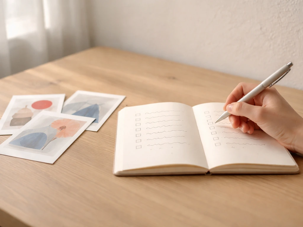 Personne anonyme à une table, carnet ouvert avec questions sur ses préférences artistiques et des reproductions