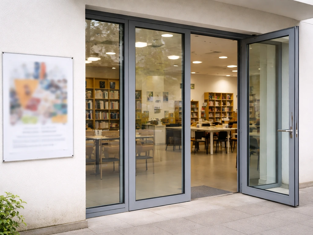 Façade d’un lieu d’apprentissage en France avec panneau vitré et affiche d’atelier floue, porte ouverte.