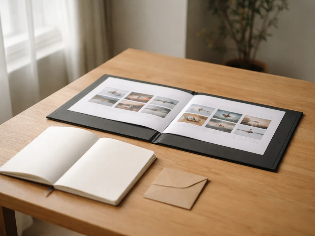 Vignettes de projets classées chronologiquement sur une table, avec un carnet et une enveloppe de documents.