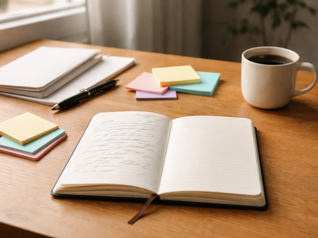 Carnet ouvert sur un bureau avec post-its, lumière naturelle, ambiance de travail pour surmonter un blocage.