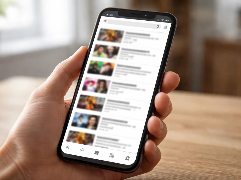 Smartphone montrant une recherche vidéo avec vignettes trompeuses et sources plus légitimes, sans texte lisible.