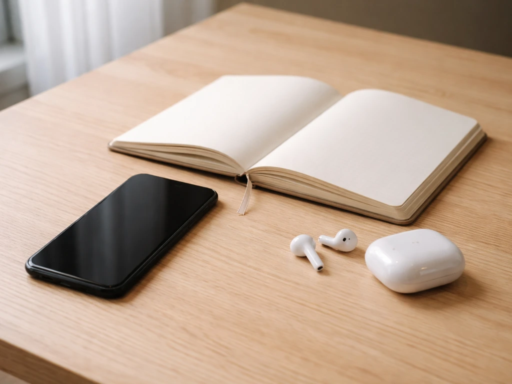 Plan rapproché d’un carnet et d’un smartphone à côté d’écouteurs, ambiance streaming en France, sans texte.
