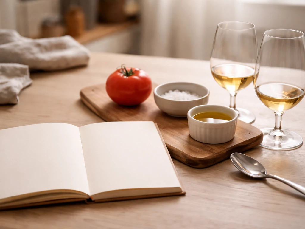 Table de cuisine française avec ingrédients simples et verres de dégustation, ambiance chaleureuse sans personnes.