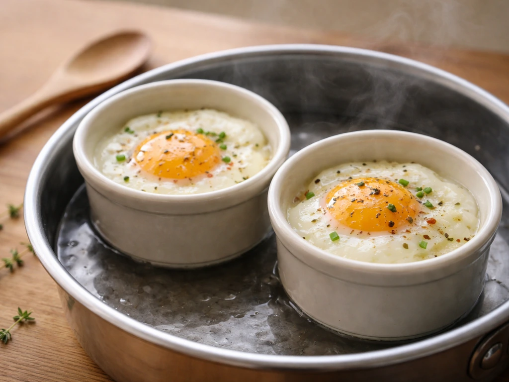 Gros plan d’œufs cocotte dans de petits ramequins au bain-marie, cuisson soignée et simple.