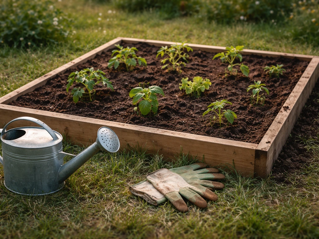 Petit carré de jardin fraîchement planté, jeunes plants, arrosoir et gants posés près du sol.