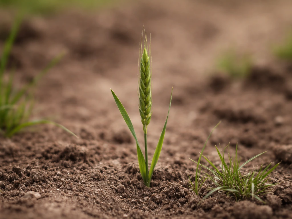 Gros plan d’un épi de céréale vert encore jeune, sur fond de terre, pour illustrer « en herbe ».