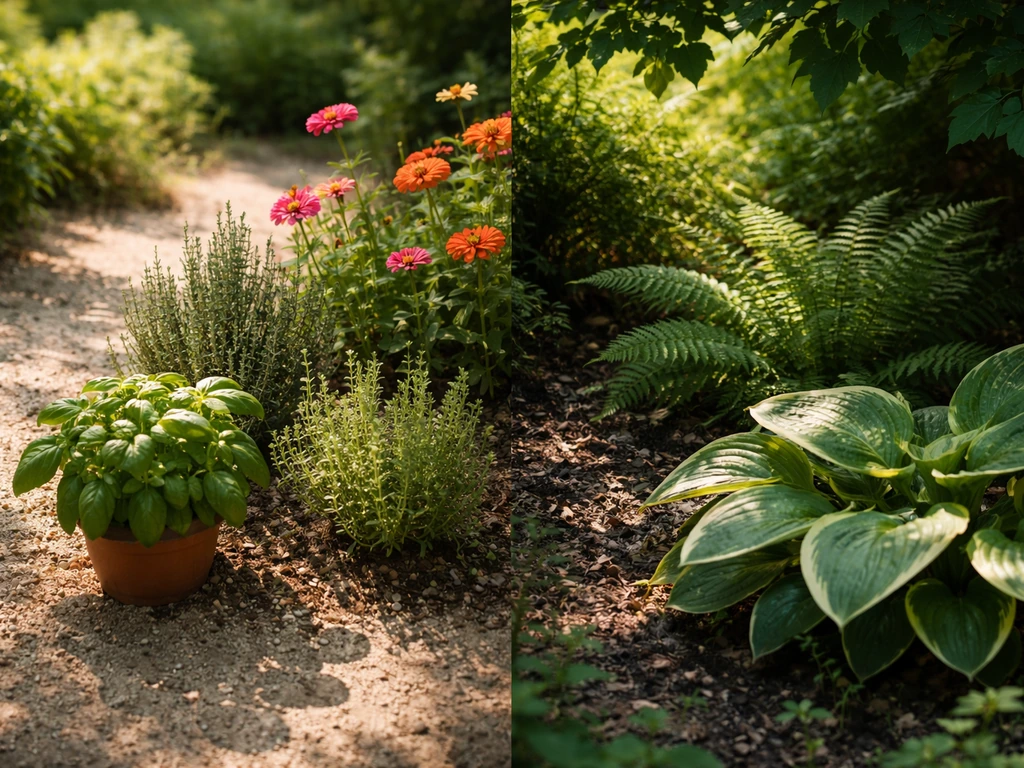 Jardin minimal en deux zones : aromates et fleurs au soleil, fougère et hosta à l’ombre