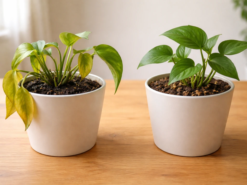 Deux pots de plantes : sol détrempé et feuilles jaunes dans l’un, terre assainie et plante en meilleure forme à côté.