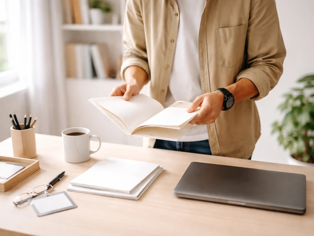 Jeune anonyme préparant une mission sur une table, carnet et documents vierges, ambiance lumineuse et pédagogique.