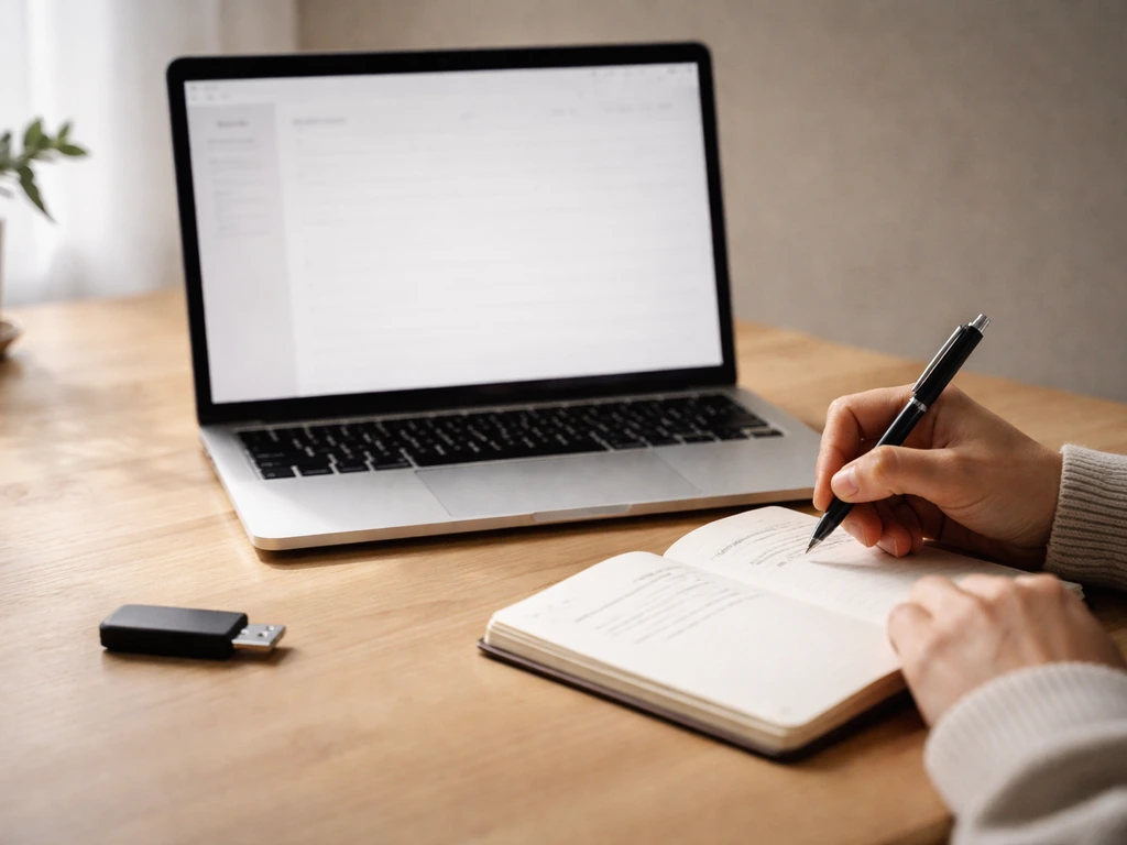 Mains et carnet sur une table avec un ordinateur portable, évoquant un premier projet prêt à partager.