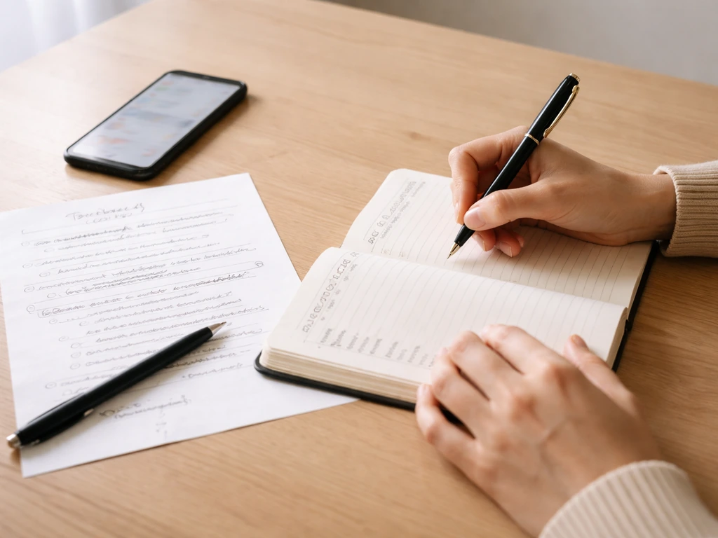 Bureau minimal avec un carnet de notes datées, un téléphone affichant un message et une feuille de feedback manuscrite