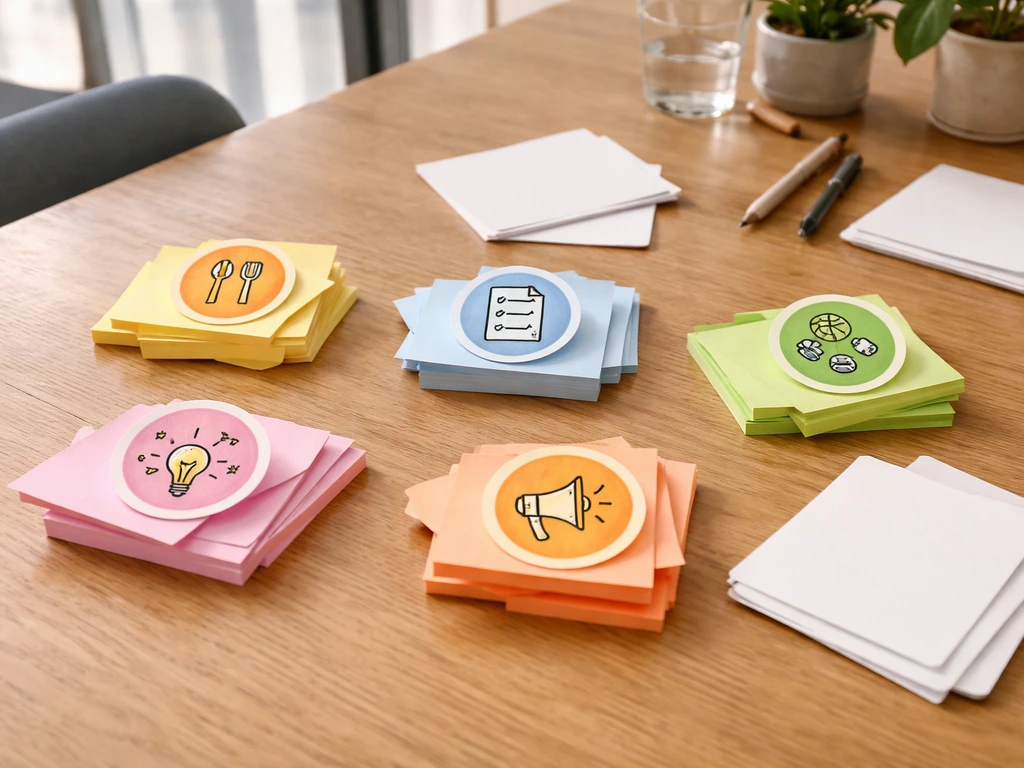 Post-it colorés avec pictogrammes de rôles sur une table, illustrant un choix collectif.