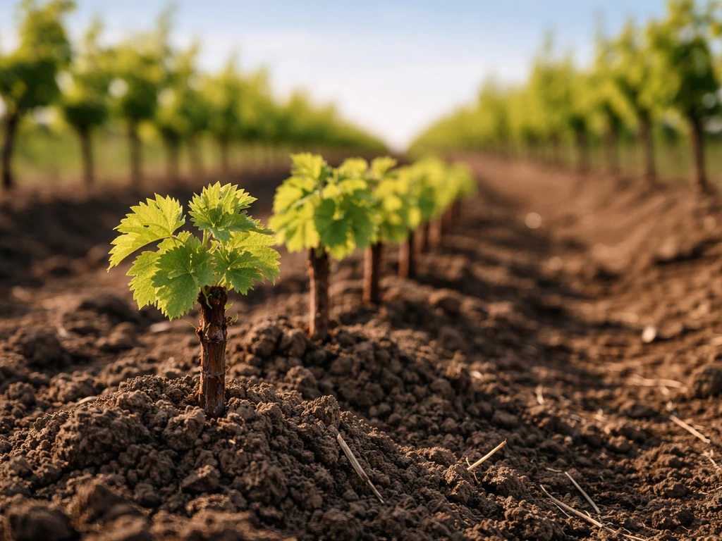 Jeunes plants de vigne dans un petit rang, avec une lumière naturelle évoquant le vin jeune.