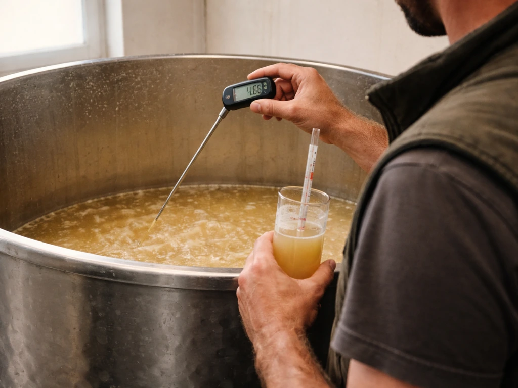 Vigneron anonyme contrôlant la température et la densité du moût en cuve, thermomètre et densimètre à la main.