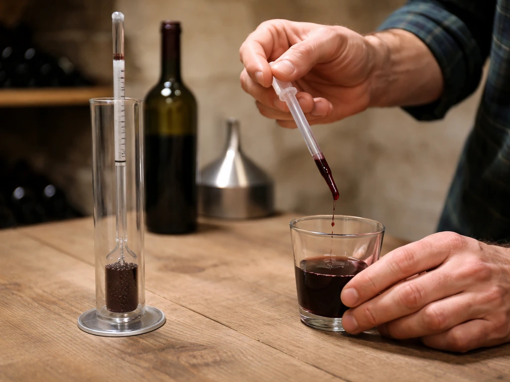 Jeune vigneron verse un échantillon de moût dans un petit verre près d’un densimètre sur table de cave.