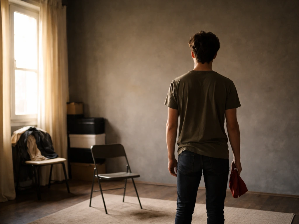 Silhouette d’un débutant en répétition dans un petit studio, mur mat et accessoires simples, lumière chaude.
