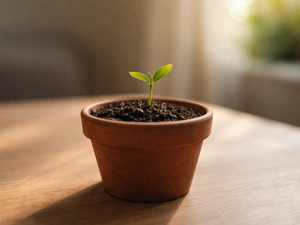 Jeune pousse verte dans un petit pot, éclairée par la lumière du jour, symbole du début et de la croissance.
