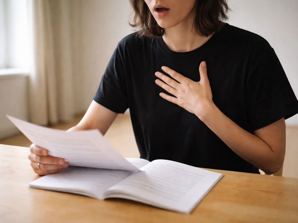 Salle de répétition avec un texte de théâtre ouvert et une personne lisant à voix haute pour travailler la diction.