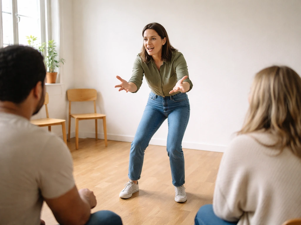 Atelier d’improvisation : deux personnes en cercle avec un troisième en jeu, ambiance simple et dynamique