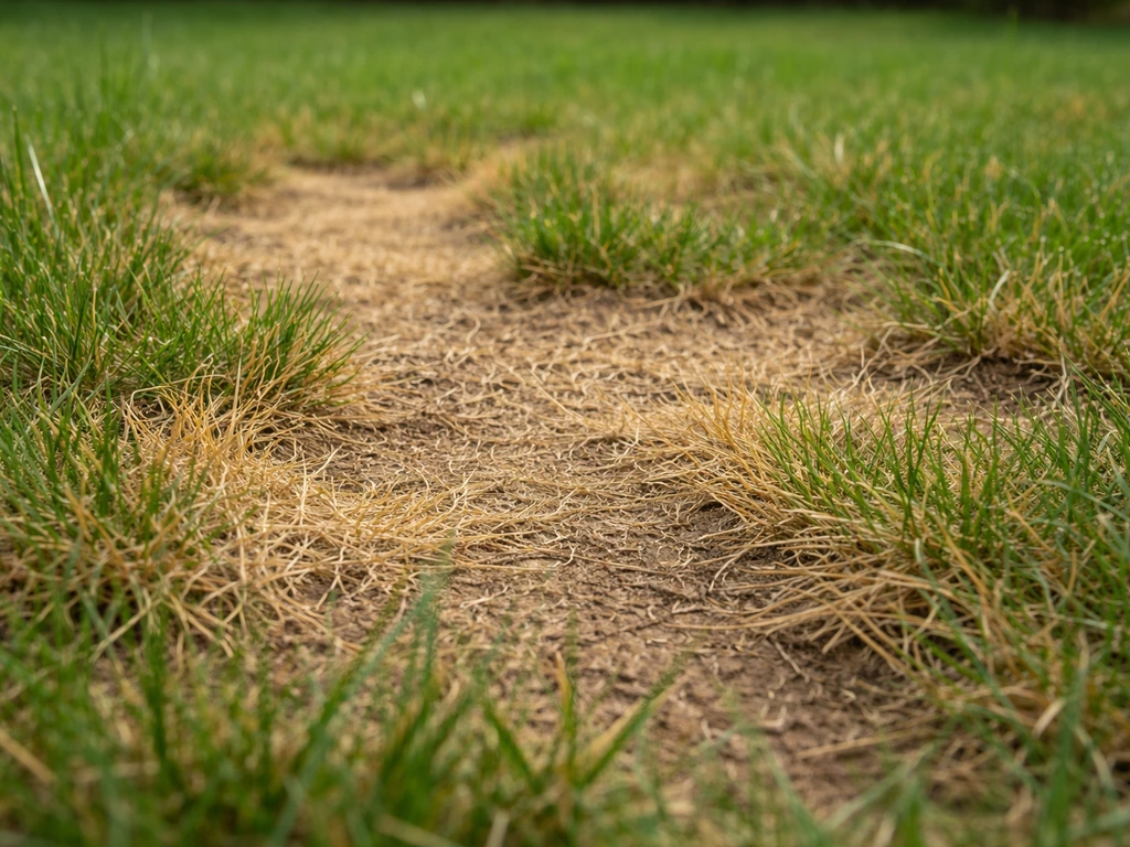 Pelouse avec touffes d’herbe jaunies et brûlées, bordures nettes et sol visible, suggérant du sel au herbe.