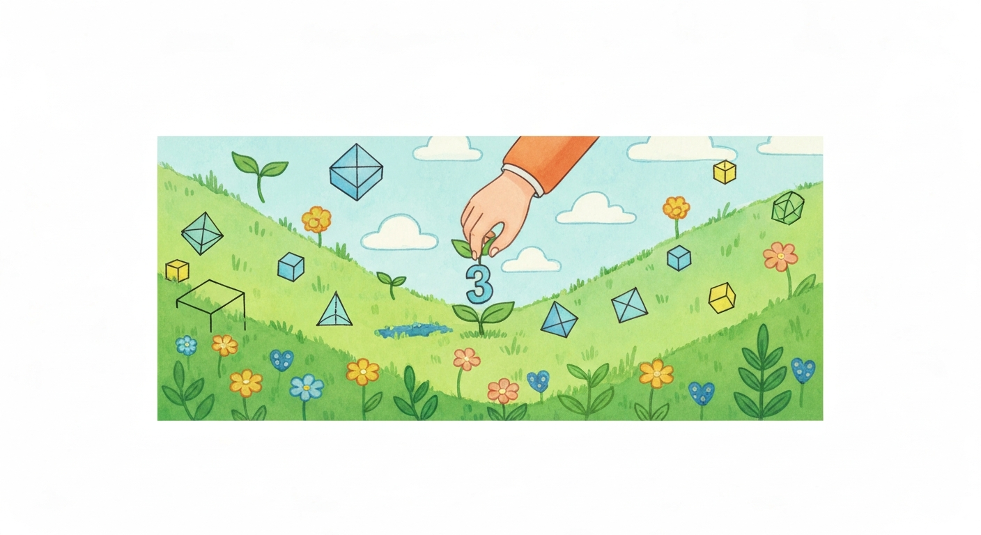 Illustration jeunesse : pousses en forme de chiffres et formes géométriques dans l'herbe symbolisant les «maths en herbe»