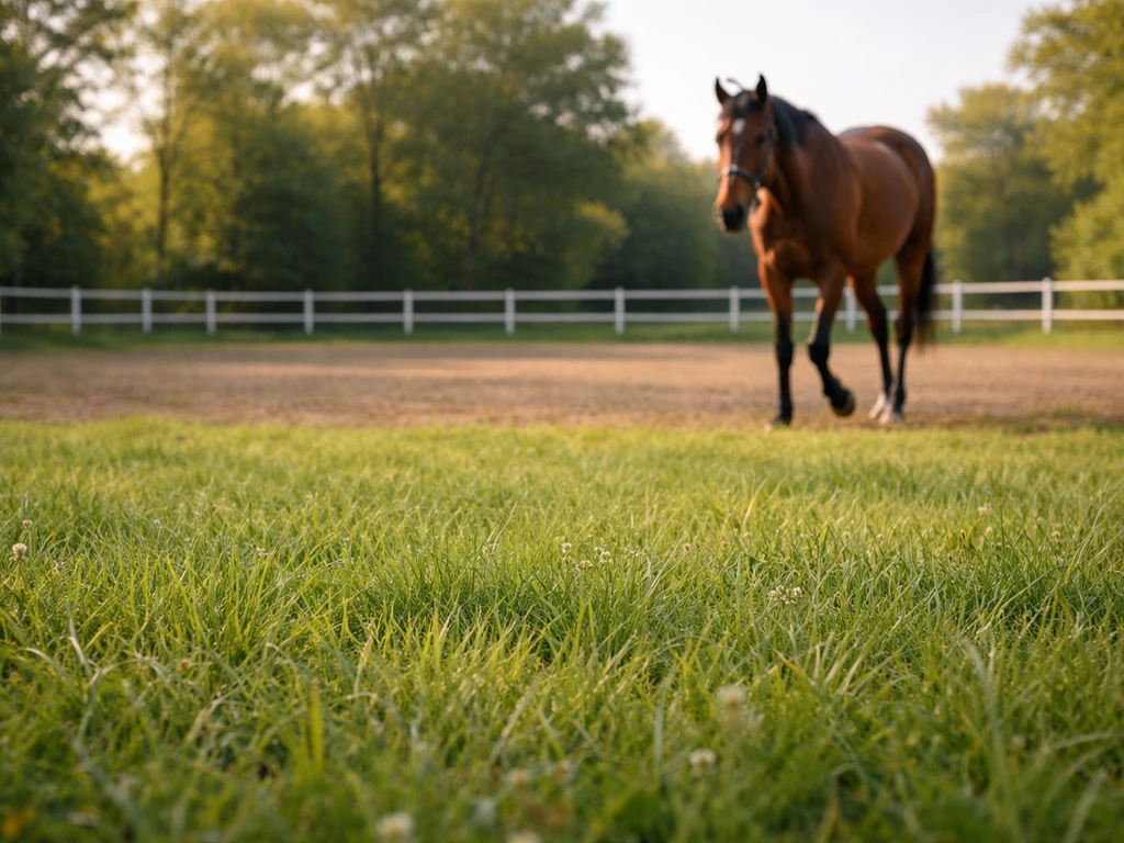 Cheval au pas sur une carrière en herbe française, gros plan sur l’herbe et l’allure naturelle