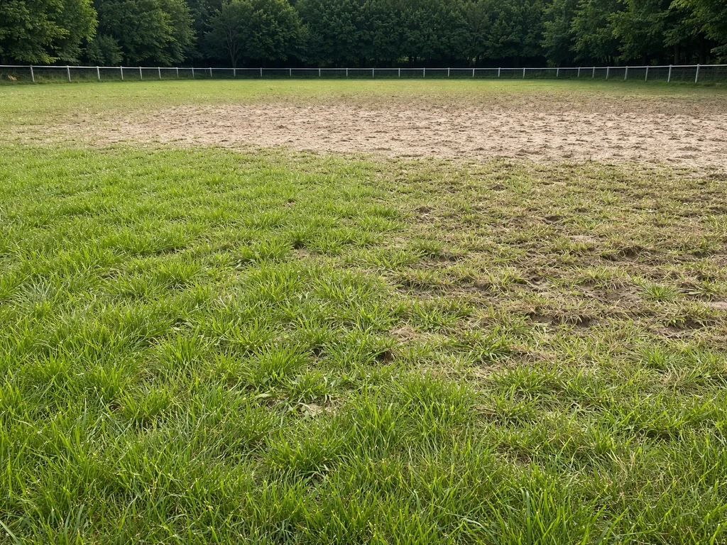 Trois vues d’une carrière équestre en herbe : zone verte, zone dense, zone piétinée, sans cavalier.