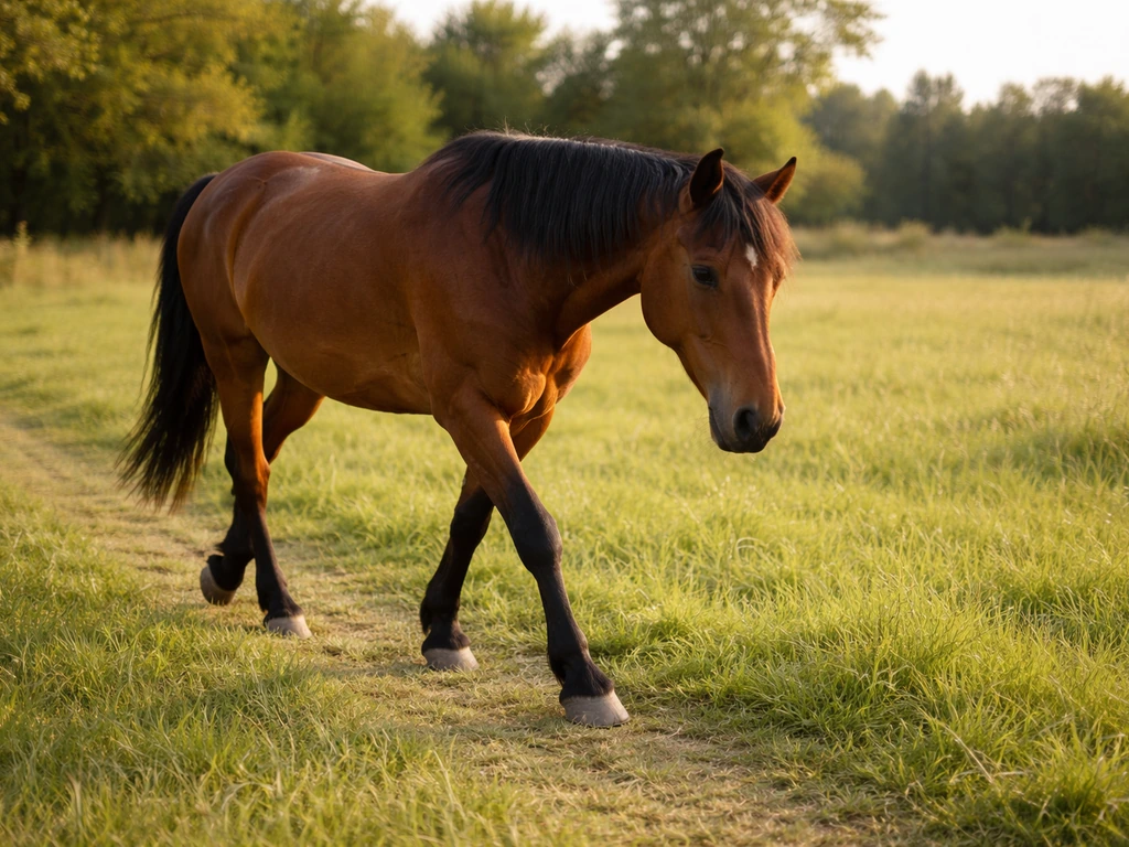 Cheval au pas sur une clairière, herbe au sol, contact doux suggéré par l’allure et l’éclairage