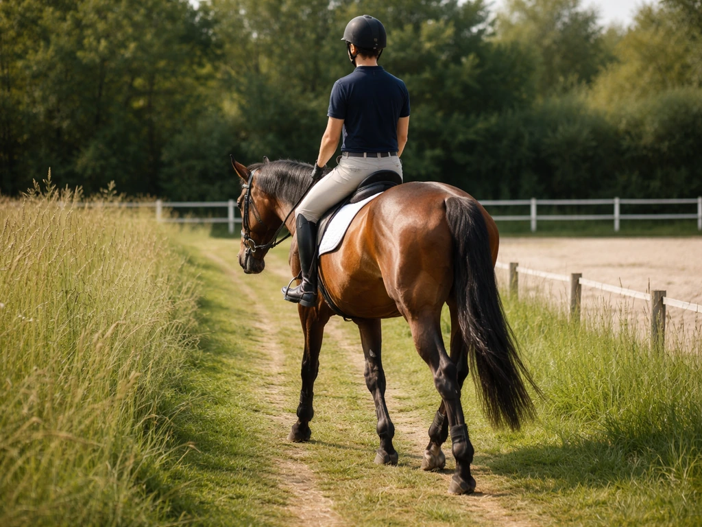 Cavalier et cheval progressant calmement sur une carrière herbeuse au printemps/été, ambiance sereine et confortable.
