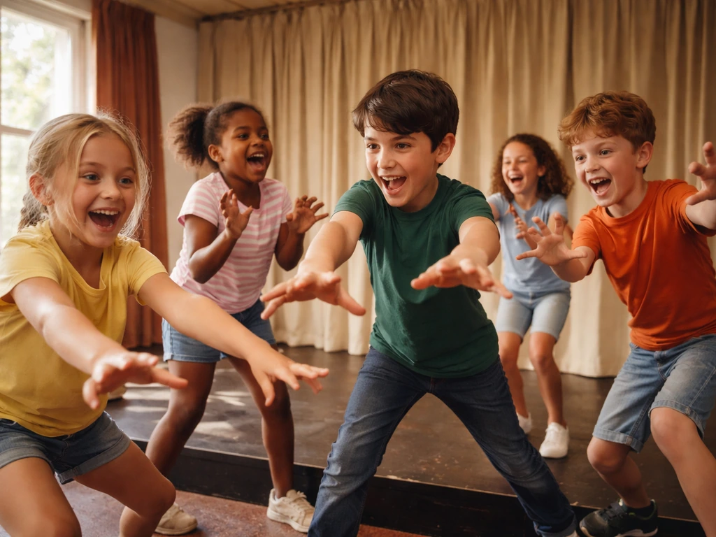 Des enfants jouent une scène d’improvisation en atelier de théâtre en herbe dans une salle culturelle chaleureuse.