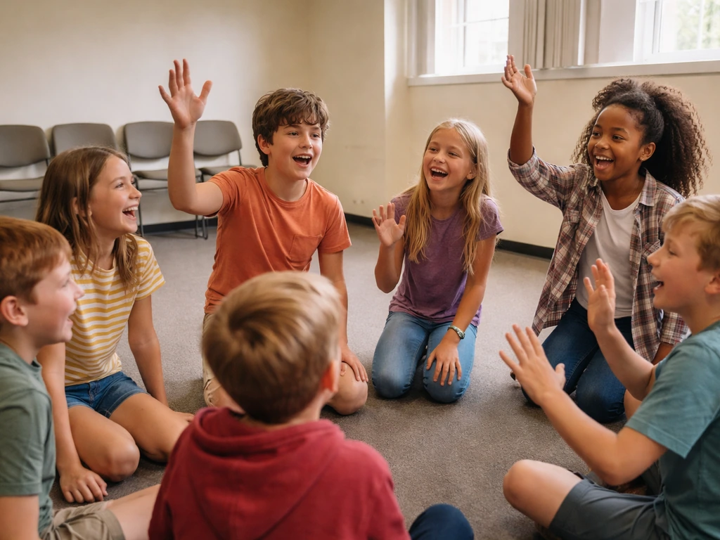 Groupe d’enfants en cercle jouant à l’improvisation théâtrale dans une salle claire, lumière naturelle.