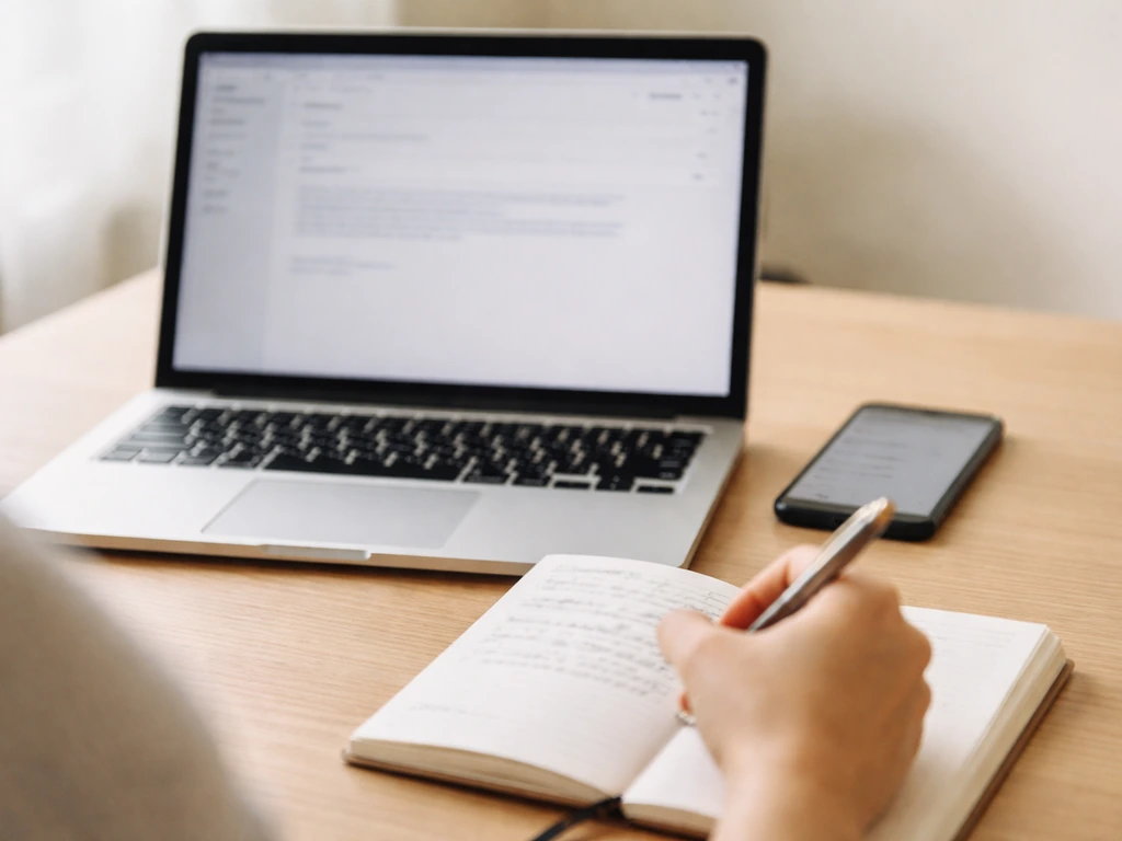 Bureau avec ordinateur portable et smartphone, main prenant des notes pour préparer un e-mail de contact.