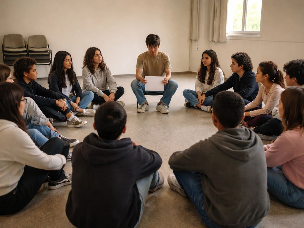 Groupe assis en cercle avec un animateur au centre, ambiance de cohésion pour lancer un projet théâtre en herbe.