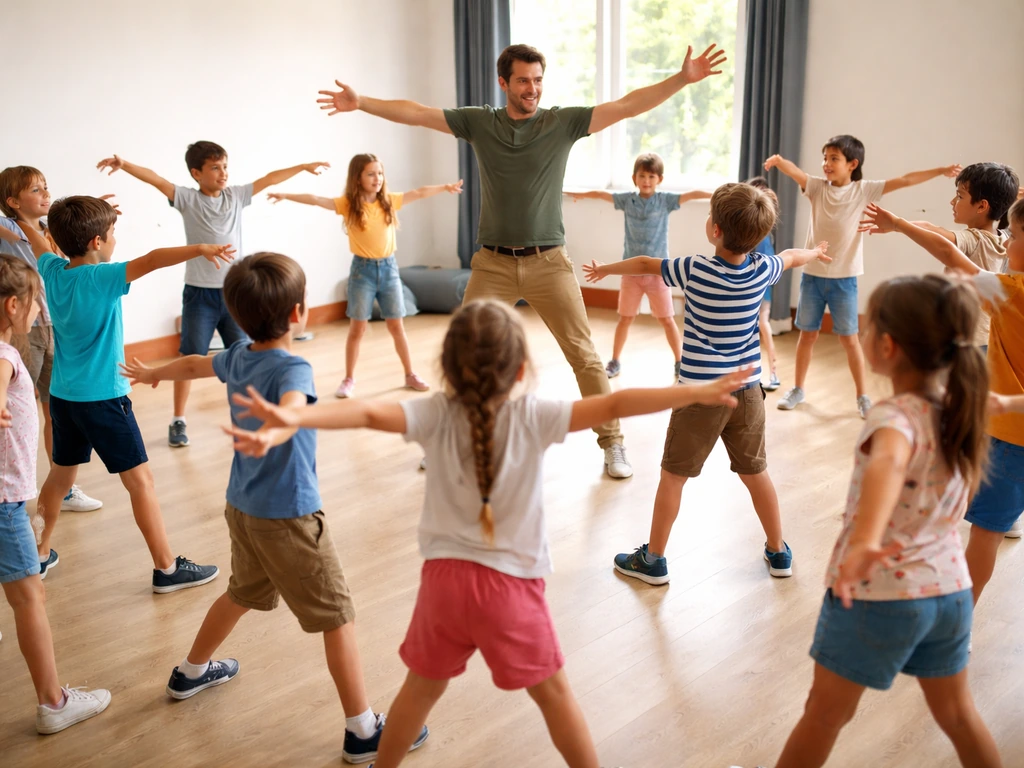 Enfants en échauffement de théâtre dans une salle, un animateur guide les mouvements au centre.