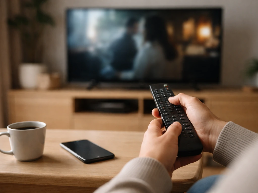 Mains anonymes ajustant une télécommande pour choisir la langue d’un film sur un écran, ambiance salon.