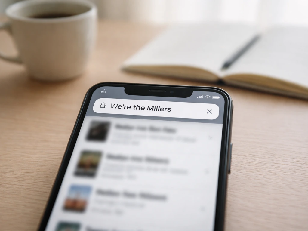 Photo d’un smartphone montrant une recherche floue et la saisie du titre « We’re the Millers ».