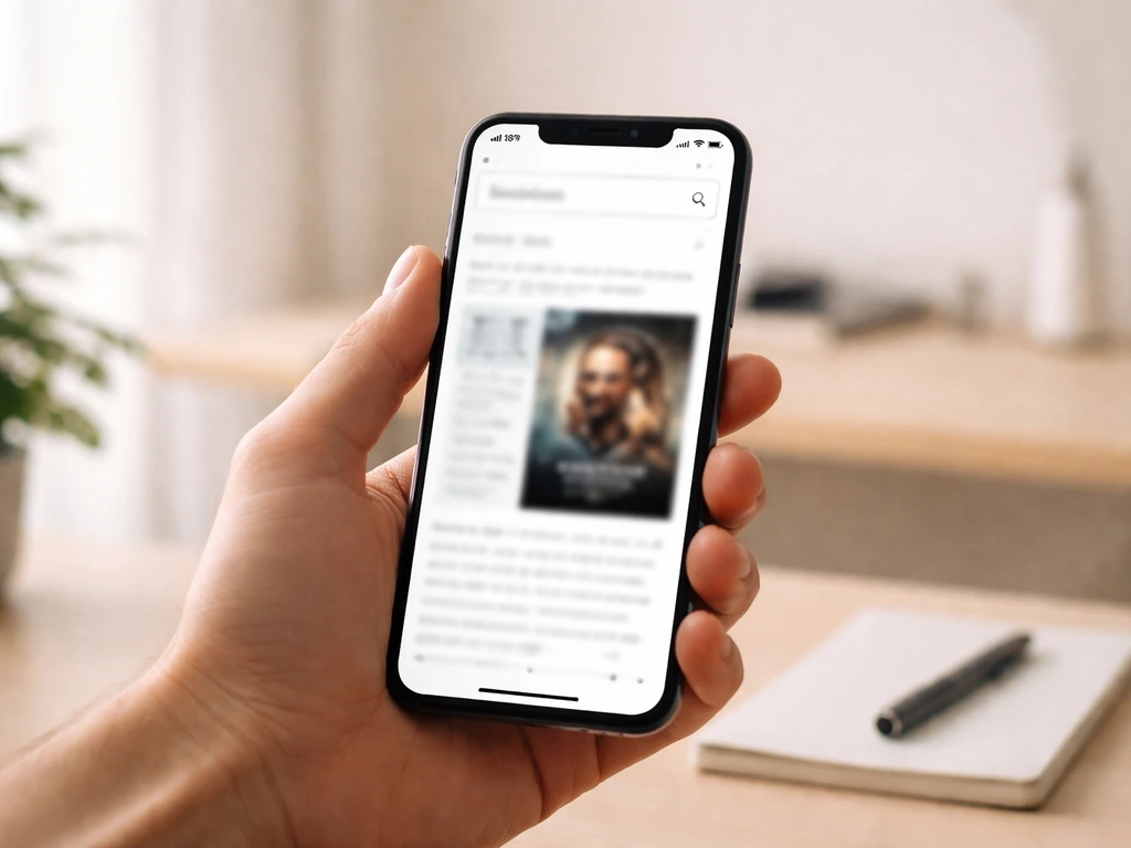 Smartphone sur un bureau, page de recherche d’un site cinéma avec un résultat de fiche, texte illisible.