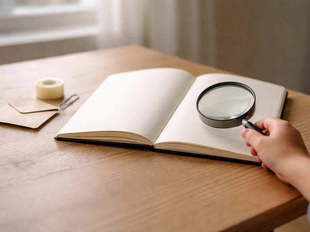 Carnet ouvert, loupe et petits indices sur un bureau, ambiance mystérieuse et curieuse d’apprenti détective.